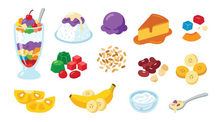 A vibrant collection of colorful Filipino desserts and ingredients, including halo-halo, leche flan, ube ice cream, and various sweet toppings. © tr