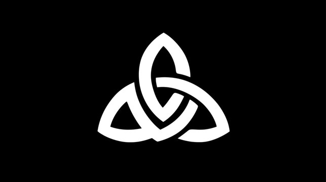 White Triquetra Celtic knot symbol on black background. Abstract ancient interwoven design representing trinity, eternity, and spirituality.