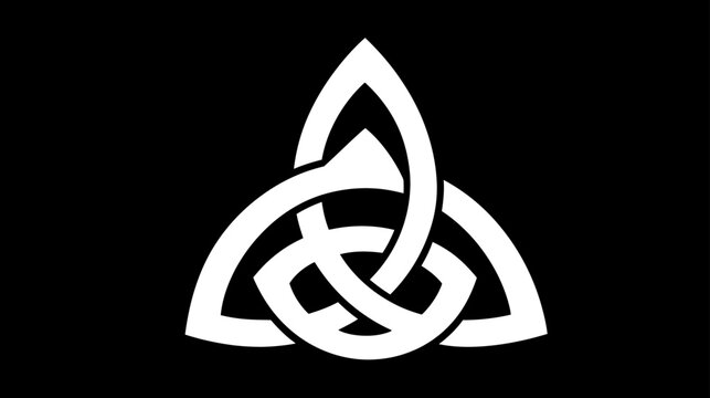 White Celtic Triquetra knot symbol on black background. Intertwined geometric design representing trinity, eternal love, or faith.