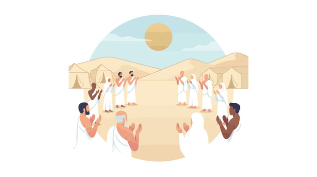 Illustration of muslim community gathering for Arafah day prayer on Mount Arafat during Hajj pilgrimage with islamic holiday design elements.