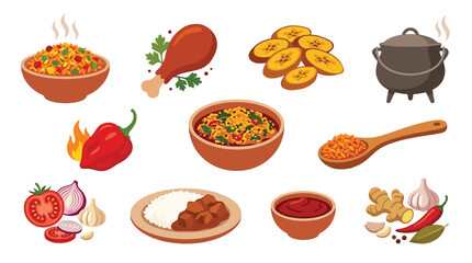 A vibrant collection of delicious food items, including rice dishes, chicken, spices, and vegetables, presented in a visually appealing arrangement. © tr