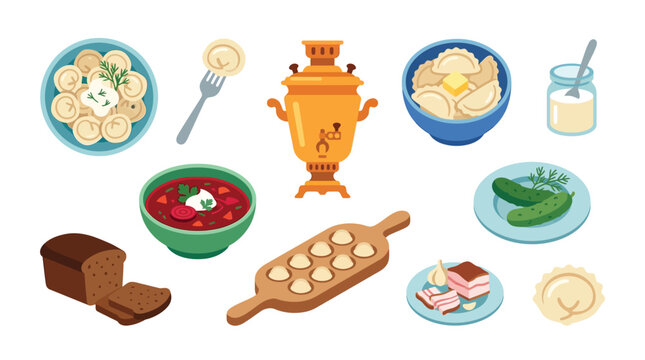 A vibrant collection of traditional Russian food items and a samovar, showcasing culinary heritage.