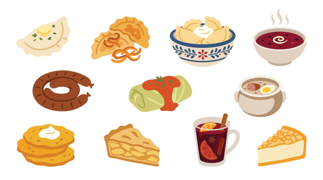 A vibrant collection of traditional Polish dishes and drinks, showcasing a variety of culinary delights.