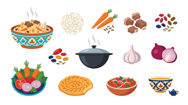 A vibrant collection of ingredients and dishes, showcasing the preparation of a traditional pilaf meal, including rice, meat, vegetables, spices, and cooking utensils.