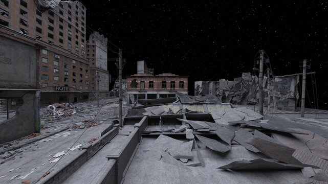 荒廃した街の風景　3DCGレンダリング