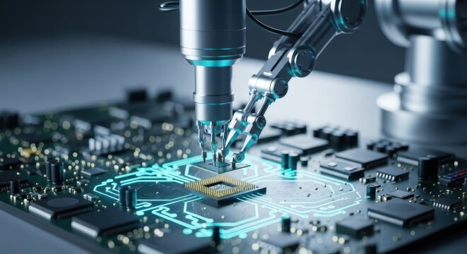 High-tech robotic arm assembling a microchip on a glowing circuit board. Automated semiconductor manufacturing and AI technology concept.