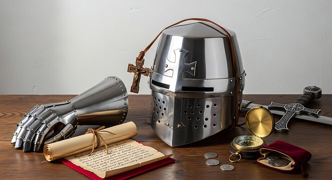 Knight's medieval armor set with helmet, gauntlet, sword, scroll, and coins on wooden table, historical concept