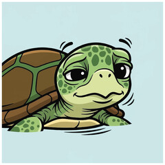 Obraz premium Cute Cartoon Turtle Swimming in Water with Sad Expression.