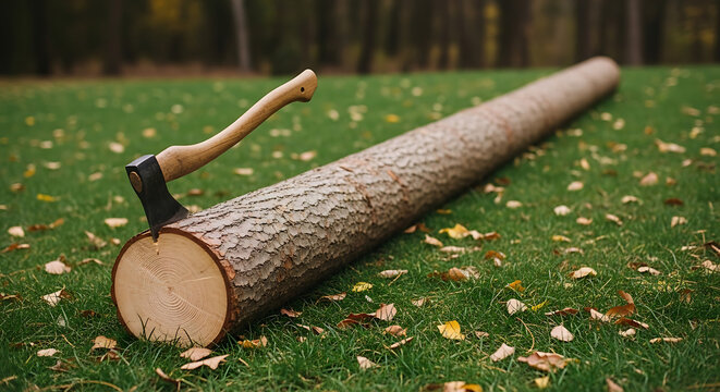 Long felled tree trunk lying on grassy ground with an axe embedded in its end, autumn leaves scattered around, symbolizing forestry, harvest, or resource utilization
