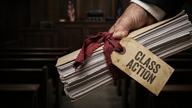 Legal Battle: Hand Holding Stack of Legal Papers in Courtroom for Class Action Lawsuit