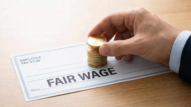 Hand Stacking Gold Coins on Employee Paycheck for Fair Wage and Salary Compliance
