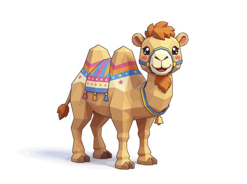 Cute cartoon camel with colorful decorative saddle.