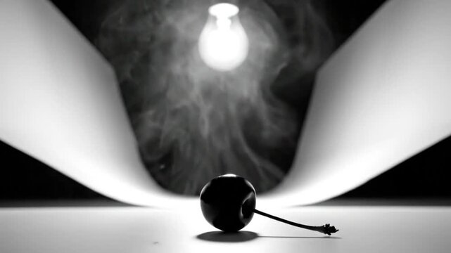 Black and white slow motion of a cherry dropping to the ground with a studio light as backdrop