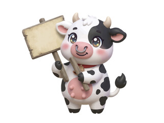 Fototapeta premium Cute cartoon cow character holding a blank wooden sign.