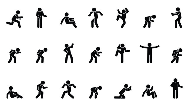 Vector set of stick figures in different poses, gestures, and everyday situations. Simple black silhouettes on transparent background. Versatile pack for communication, body language.