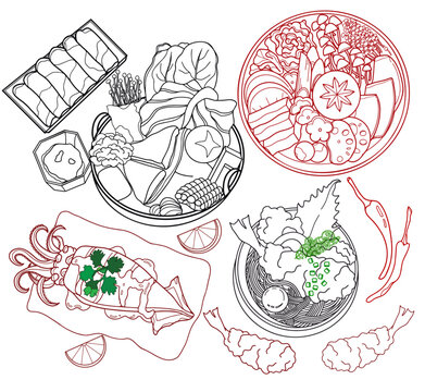 Nabe, hot pot, quid and noodle dishes