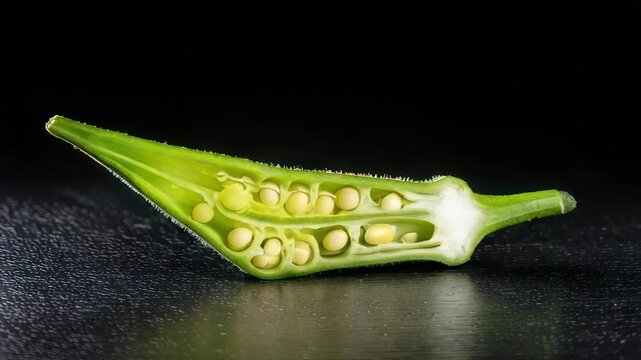Cross-section of a green okra pod displaying rows of pale seeds, isolated on black