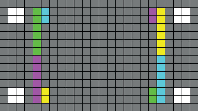 Television calibration grid test pattern detailed grayscale background with color markers alignment lines geometric precision broadcast engineering reference vintage monitor calibration screen