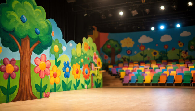 Colorful empty stage for children's performance with bright hand-painted scenery of trees and flowers featuring rows of vibrant rainbow chairs in a school auditorium or daycare center theater