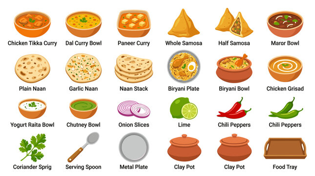 Indian food vector set with curry, naan, samosa, biryani, chutney, spices, tea and traditional dishes for restaurant menu design
