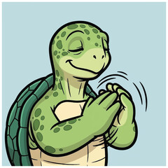 Obraz premium Smiling cartoon turtle with hands together.