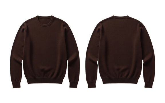 Elegant dark brown men's crew neck long sleeve sweater shown in front and back views showcasing fine knit texture on transparent background