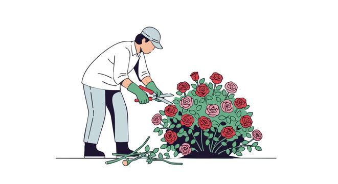 Gardener pruning red and pink rose bush with shears vector illustration