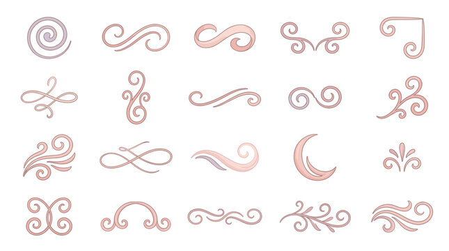 Pink vintage swirl ornament collection with elegant curls, calligraphic flourishes, dividers and decorative scrolls for romantic invitation design