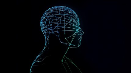 Obraz premium A futuristic digital human head silhouette with projected network lines represents artificial intelligence concept.