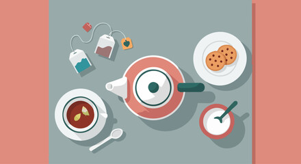 Fototapeta premium Flat vector illustration of a cozy tea time scene with teapot and cookies.