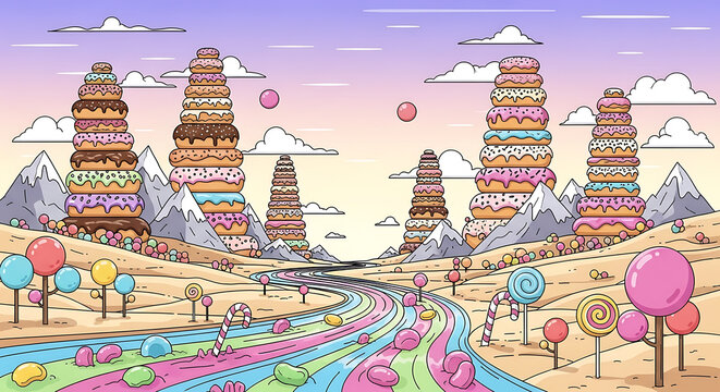 Pixel art candy land landscape with donut skyscrapers, lollipop trees, and a rainbow river under a pastel sky, whimsical fantasy dessert world