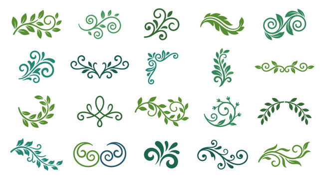 Green ornamental flourish collection with leafy swirls, floral scrolls, vines and decorative botanical elements for invitations, cards and borders