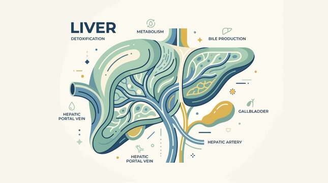 Detailed anatomical illustration of the human liver showcasing its vital functions like detoxification, metabolism, and bile production.