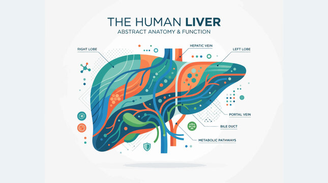 Abstract illustration of the human liver, detailing its anatomy, lobes, blood vessels, and metabolic functions in a colorful, infographic style.