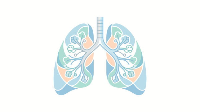 Stylized anatomical illustration of human lungs with trachea and bronchi in pastel colors, representing the respiratory system and health.