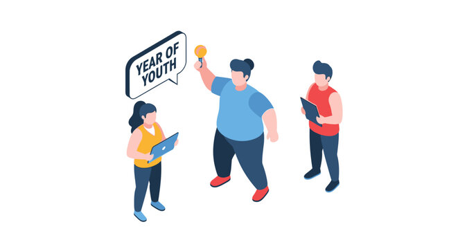 Isometric Illustration of Youthful People Celebrating the Year of Youth.