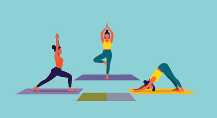Fototapeta premium Group of women practicing yoga in various poses.