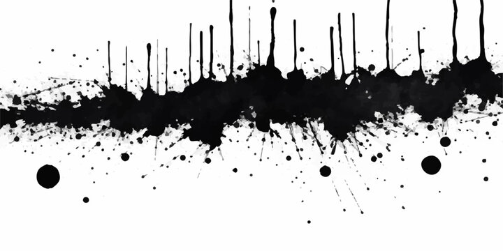 abstract black ink splatter horizontal grunge texture with dripping paint streaks scattered droplets and chaotic artistic brush effect on white background seamless edgy modern vector design.