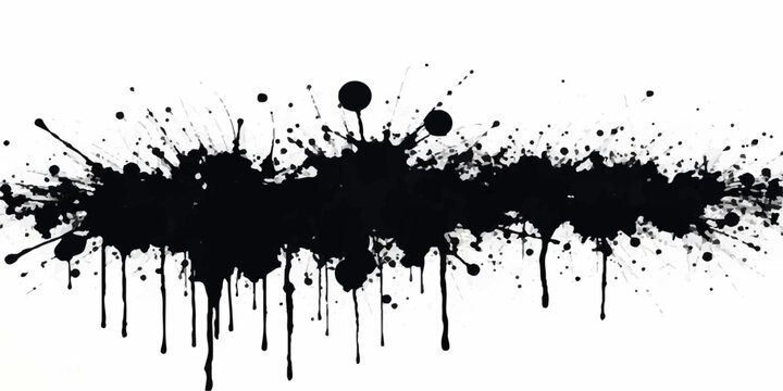 abstract black ink splatter horizontal grunge texture with dripping paint streaks scattered droplets and chaotic artistic brush effect on white background seamless edgy modern vector design.