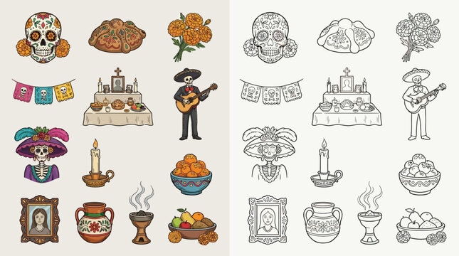 Collection of Day of the Dead (Dia de Muertos) icons and illustrations, featuring sugar skulls, marigolds, altars, and traditional elements.