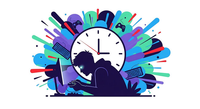 Person engrossed in screen time with video game controllers and keyboard icons exploding around a clock face, digital overload concept