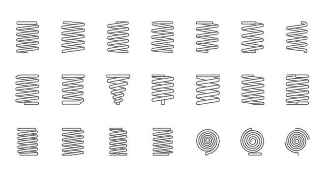 spring coil metal engineering icon set illustrating various types of mechanical parts for industrial design and manufacturing concepts