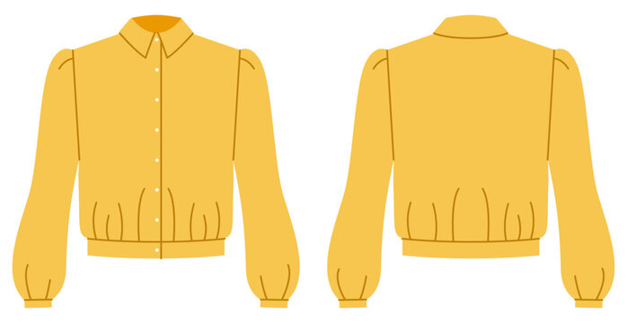 Yellow cropped blouse with button front closure, long puff sleeves and fitted waist with gathered hem creating modern feminine silhouette soft shaping. Technical fashion illustration in flat color