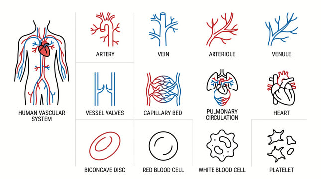 Detailed vector illustration of the human vascular system, blood vessels, and blood cell types with labels for medical education.