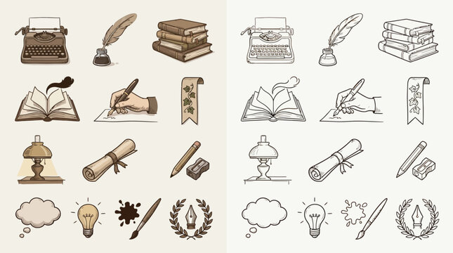 Collection of vintage writing and creative tools, including typewriters, quills, inkwells, books, lamps, and scrolls, presented in both colored and line art styles.