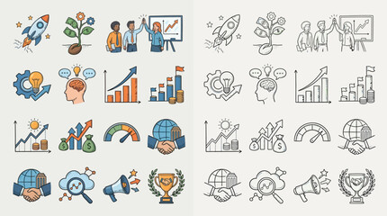 Fototapeta premium A collection of hand-drawn icons representing business growth, strategy, and success, presented in two distinct styles.