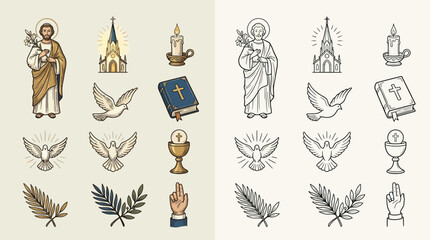 Naklejka premium Collection of Christian religious symbols and icons, including saints, churches, doves, candles, Bibles, and chalices, presented in both color and outline styles.