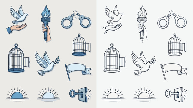 Collection of icons representing freedom, peace, and hope, including doves, torches, broken chains, and keys.