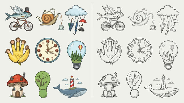 A collection of whimsical and surreal illustrations featuring a variety of imaginative objects and creatures.