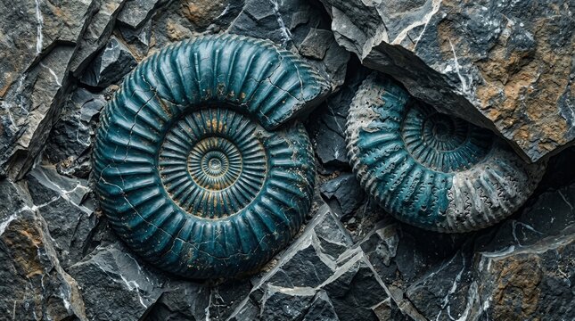 Two teal ammonite fossils are embedded in dark, jagged rock. The intricate spiral patterns and ribbed textures of the ancient shells stand out against the sharp, fractured stone surface.